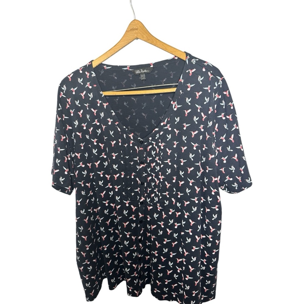 Short Sleeve Relaxed Blouse with Notched Collar Bird Print Plus 20/22